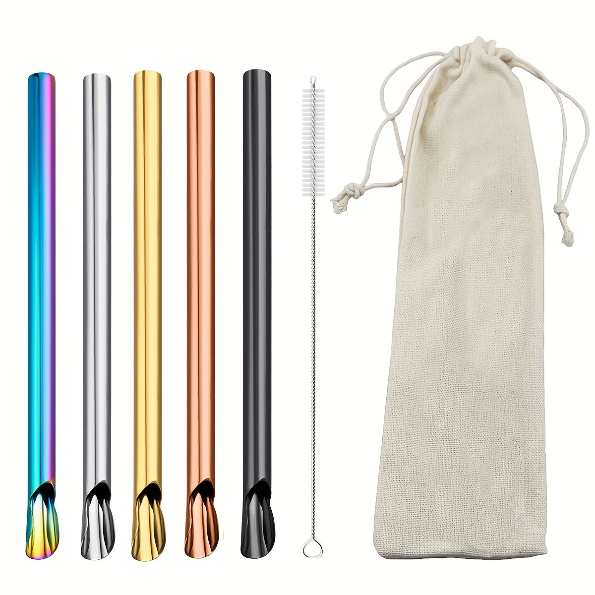 Image of 7pcs 304 Stainless Steel Reusable Straw Set, Pearl Milkshake Bubble Tea Straw With Cleaning Brush Storage Bag, Stirring Smoothie Spoon Shaped Straw, Accessories