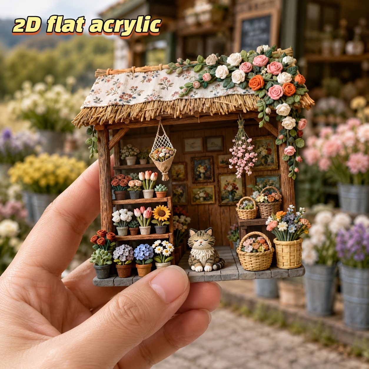 TEMU 2d Flat Acrylic Pastoral Flower Shop Creative Refrigerator Magnet, Large Cat Flower Shop Fridge Magnet, Suitable For Refrigerator Decoration,