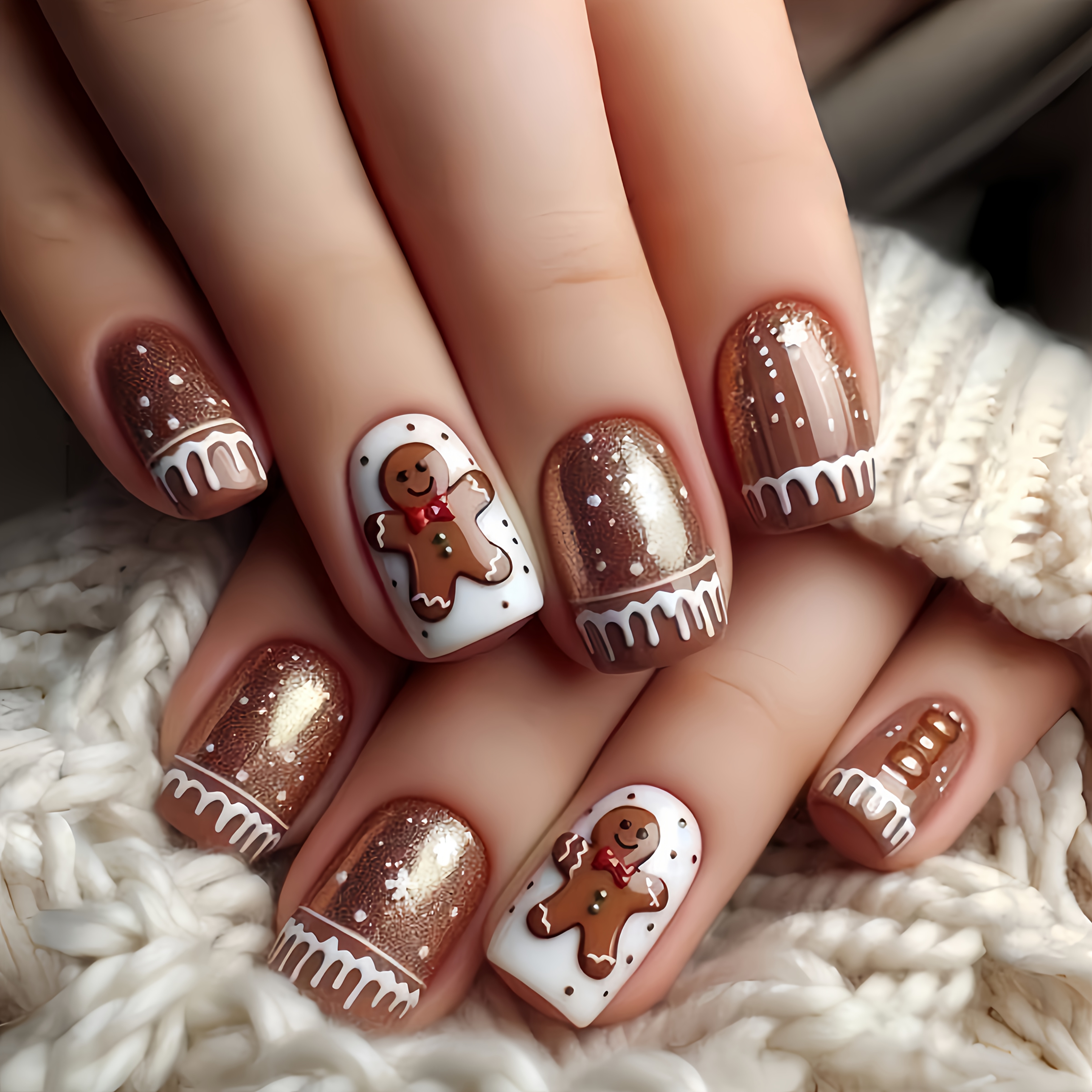 TEMU Christmas Nails, Medium-length European Square Christmas 3d Cookie For Man Pattern Removable Press-on Nails, 24pcs, Artificial Nails For Women