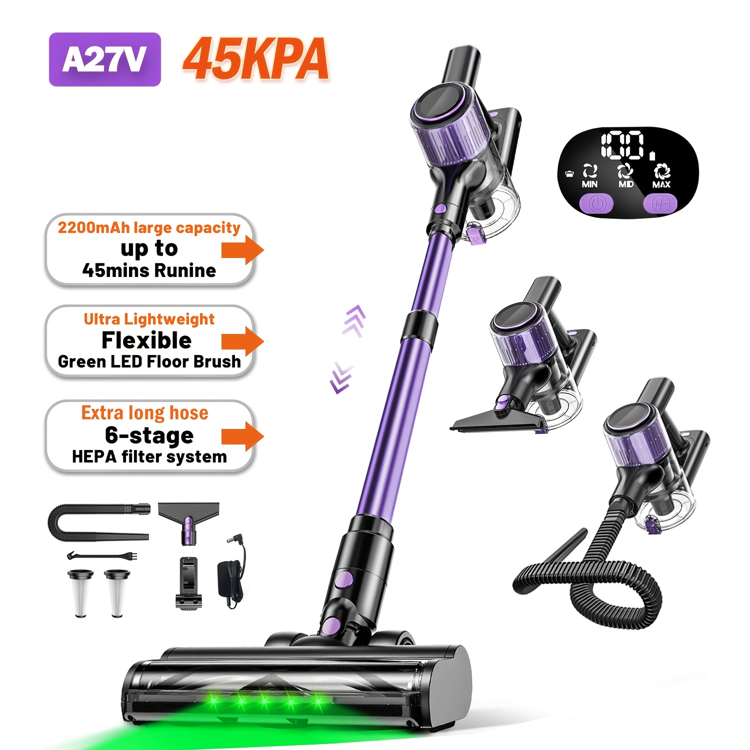 TEMU Cordless Vacuum Cleaner, 10in 1 Powerful Stick Vacuum, With Anti- Brush And Upgraded Green Light, 45mins Rechargeable Lightweight Vacuums For