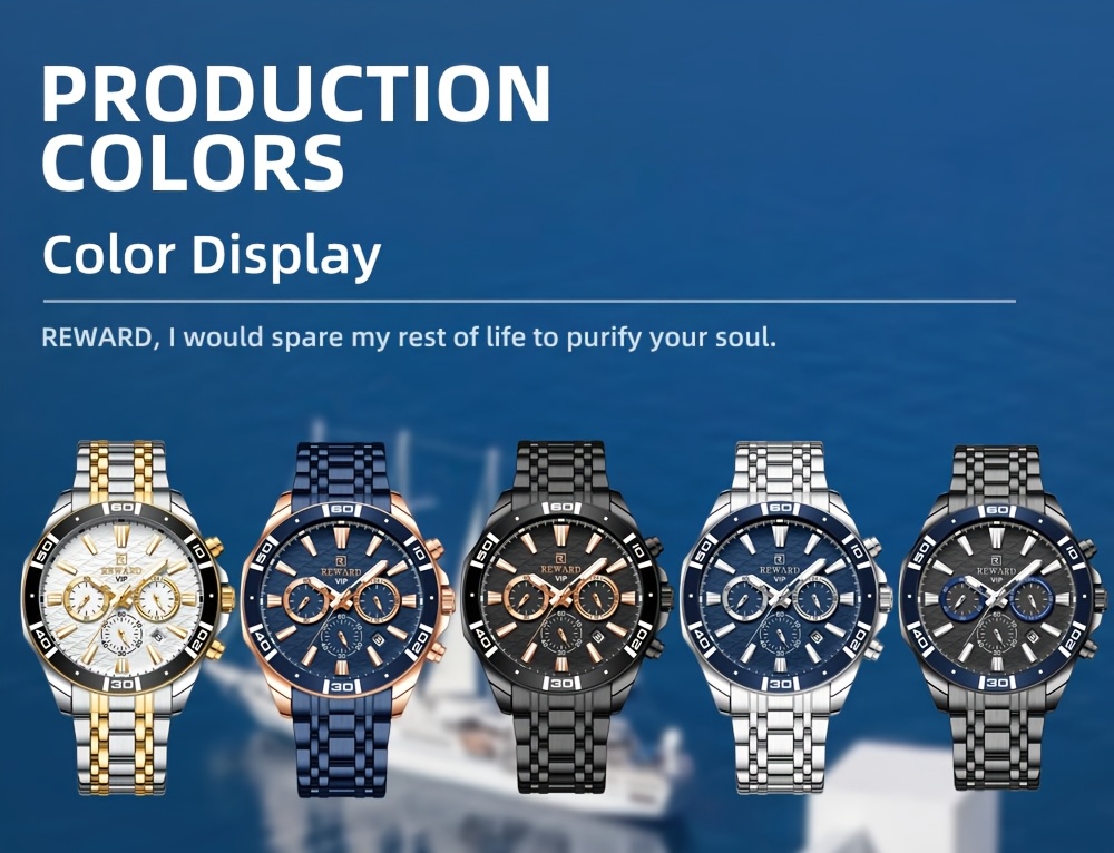 reward vip mens quartz wristwatch   with sequins round   alloy case stainless steel strap chronograph date 24 hours display luminous battery powered non rechargeable   watch details 6
