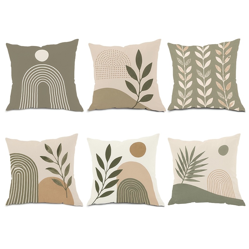 TEMU Impresión 2D, 6 piezas, Fundas de Almohada con Geométrico y de Plantas Abstractas en Verde Marrón y , Estilo Nórdico de Decoración Fácil,
