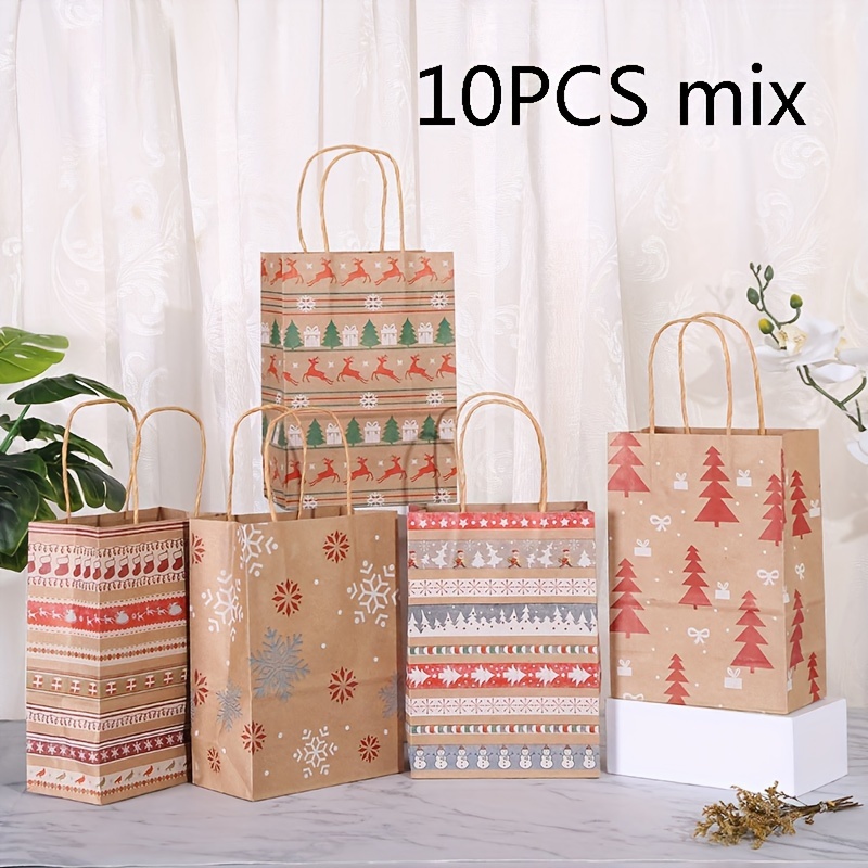 TEMU 5/10pcs Christmas Kraft Paper Gift Bags With Handles - Reindeer, Christmas Tree, And Snowflake Patterns For Holiday Presents And Party Favors