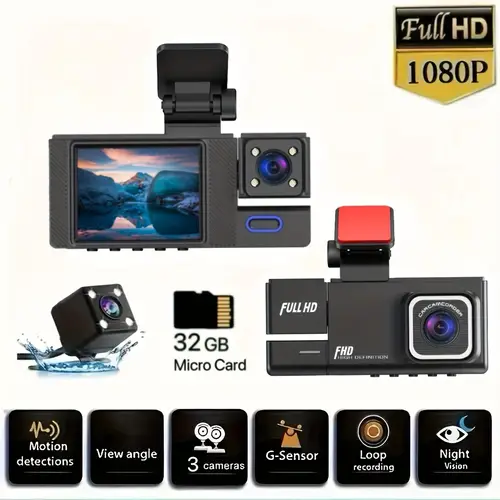 1080p dash cam front and rear inside with free 32gb sd card ir night loop recording car dvr camera 3 lens with 2 inch ips cameras car dashcam car black box recording at same time wide angle dashboard camera recorder