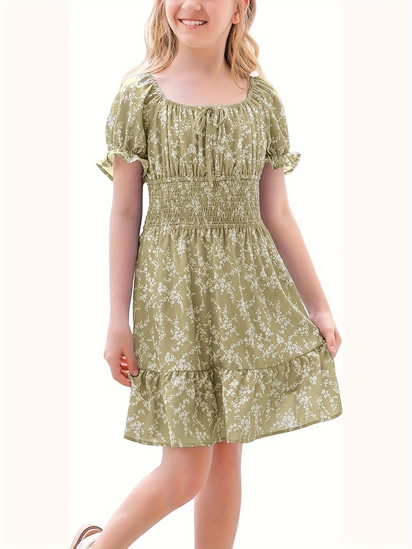 Girls' Floral Puff-sleeve Dress For Girls