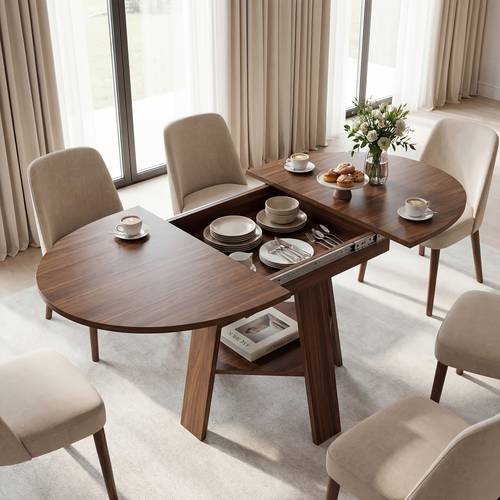1. 59.06inch Extendable Dining Table, Drop-Leaf Kitchen Table for Small Spaces, Space Saving Dining Table, Wood Grain Walnut End, Compact Home Furniture for Apartment, Living Room