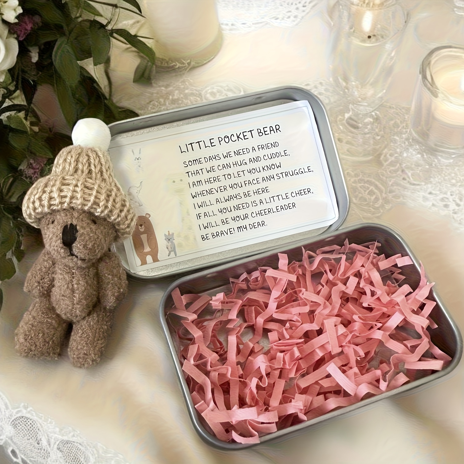Image of Mini Tin With Plush Teddy Bear And Greeting Card - Adorable Cartoon Design, Includes Card And Hat, Perfect Encouragement Gift For , Bear Party, Party Favor Pack, Christmas Gift, Thanksgiving Gift