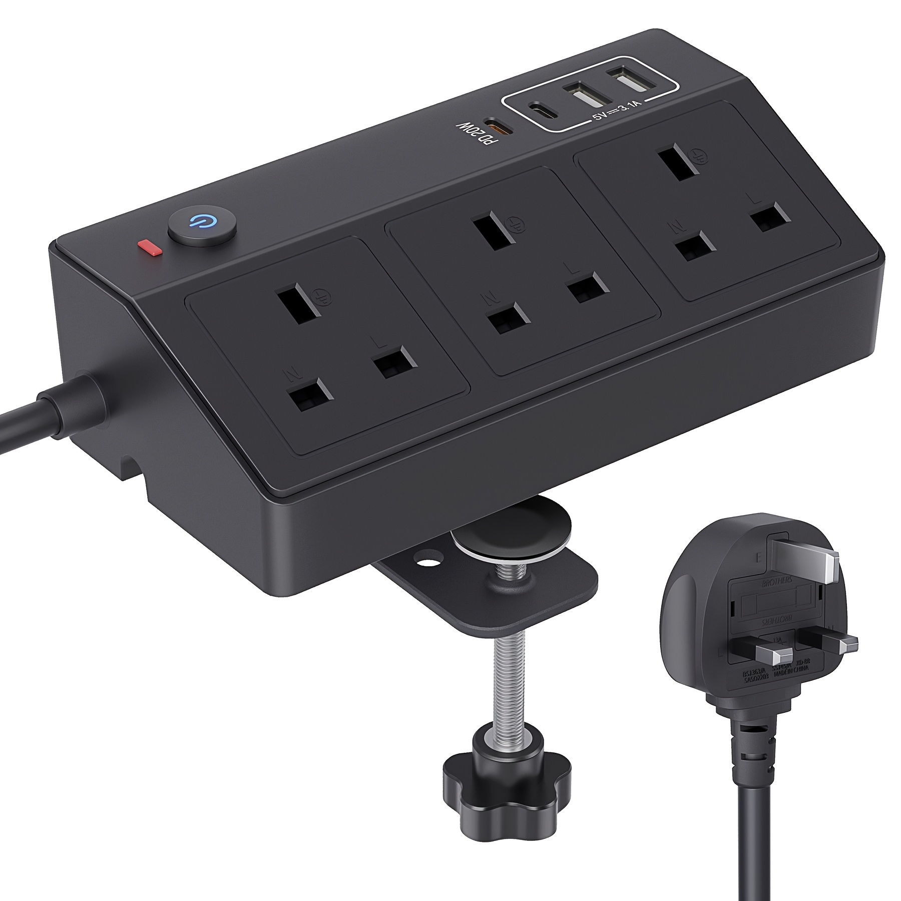 TEMU Desk Power Socket With Usb C Slots, Passus Pd 20w Fast Charging Power Station, 2m Extension Lead With Usb Slots With Removable Clamp, Desktop