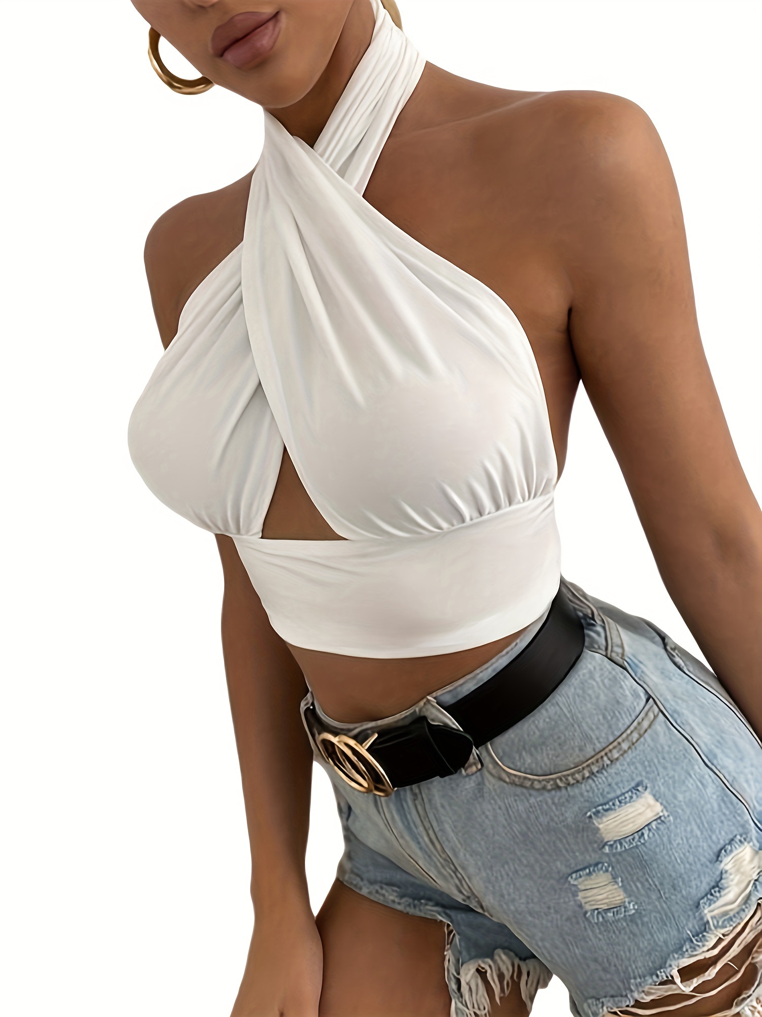 Solid Cut Out Cross Halter Top, Sexy Backless Crop Top For Club & Party,  Women's Clothing