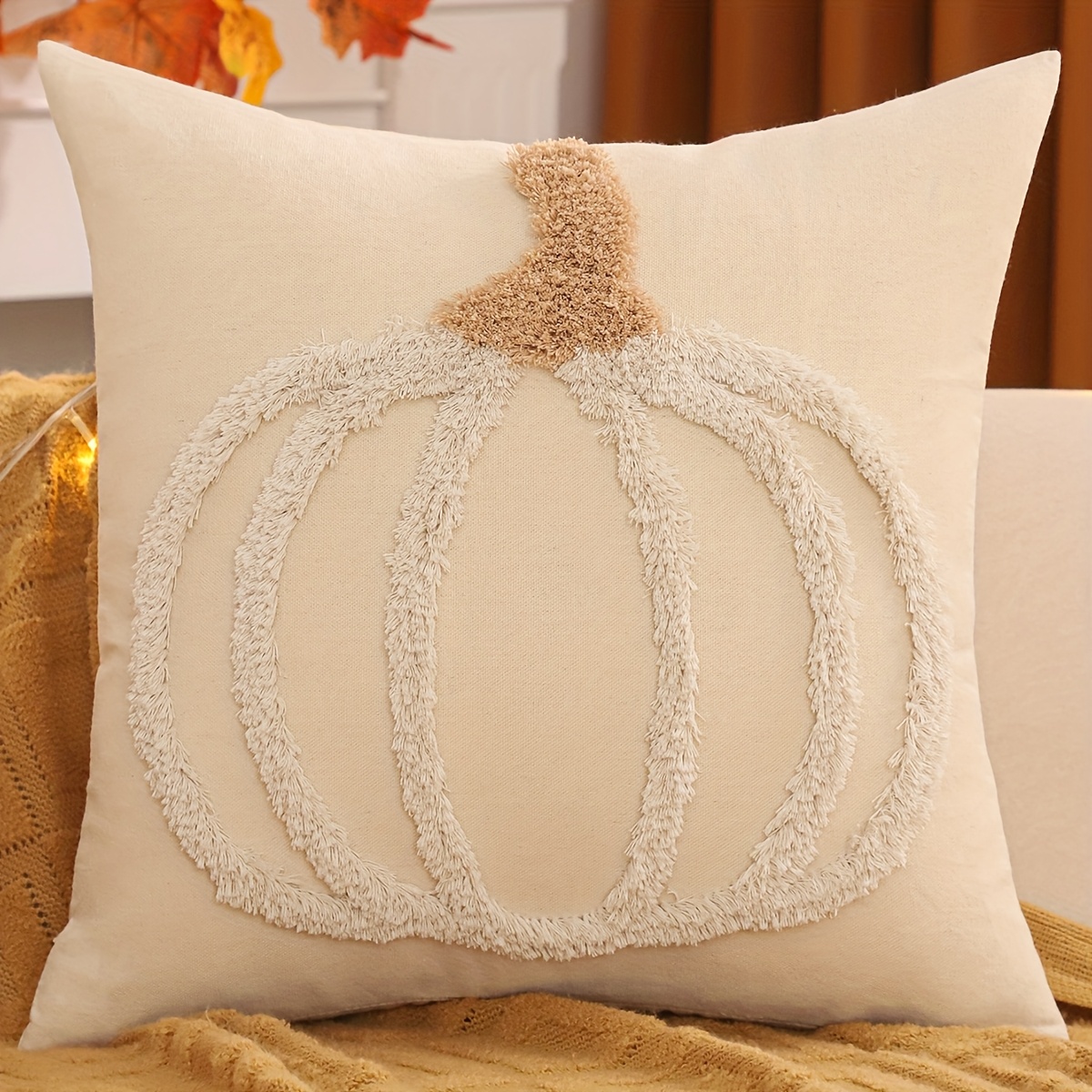 Image of 1 Halloween Decorative Pillow Cover With Pumpkin Embroidery, Orange Theme For Fall Thanksgiving Living Room Or Bedroom Sofa