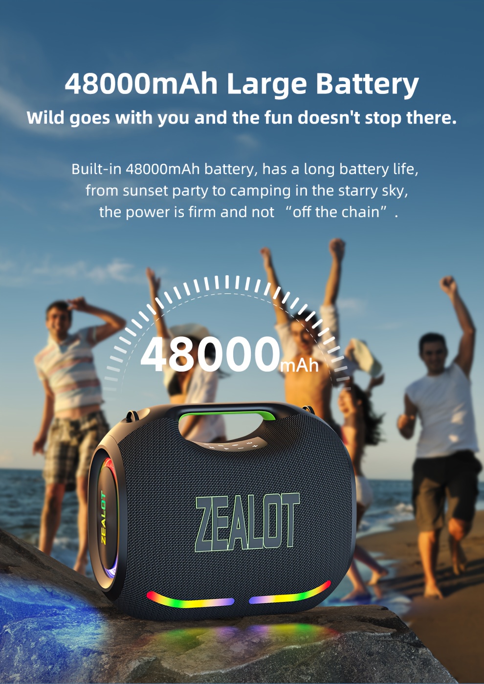   ze21 250w high power wireless speaker portable for outdoor use with 5 speakers built in 48000mah battery rgb color lights compatible with sd usb aux supports two serial speakers hands free calling supports mobile tablet tv computer Product details 5