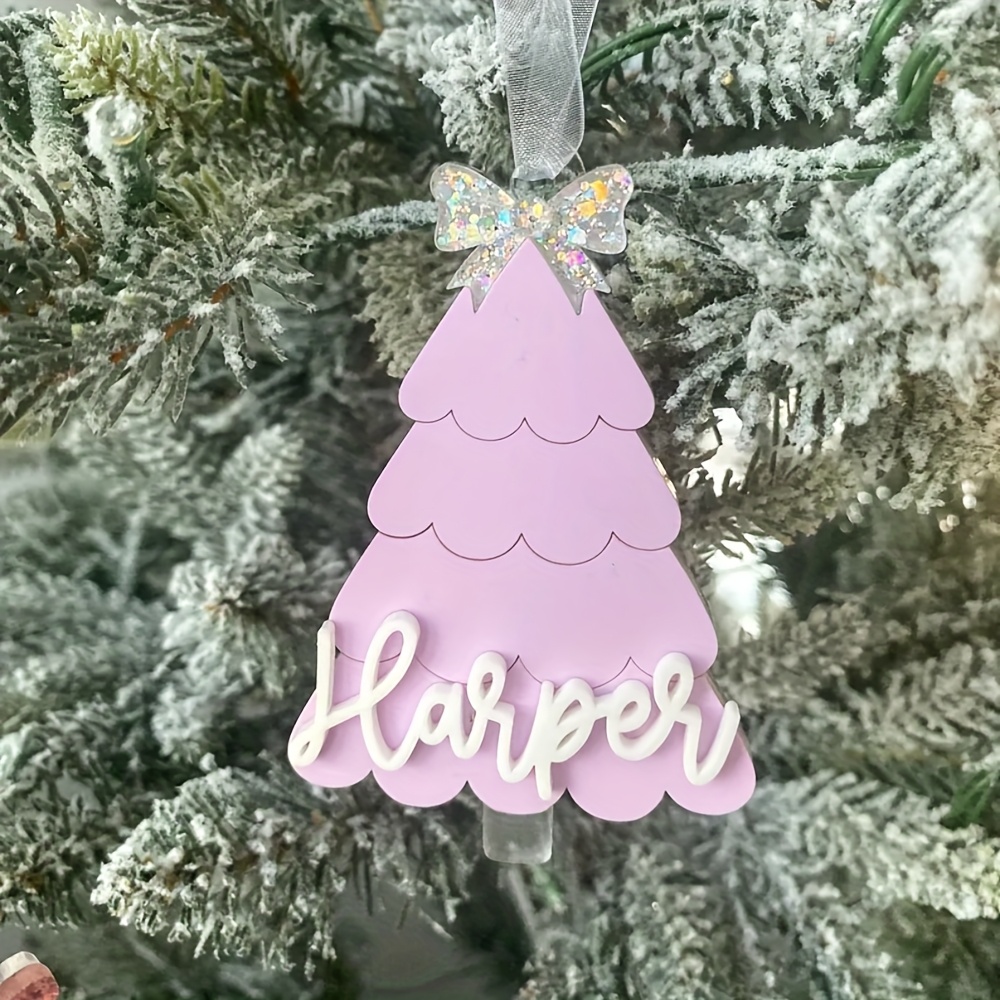 TEMU 1pc Custom Acrylic Christmas Tree Nameplate Pendant, Cute Christmas Tree Shaped Tag, Personalized Bow Christmas Tree Decor Nameplate, Christmas