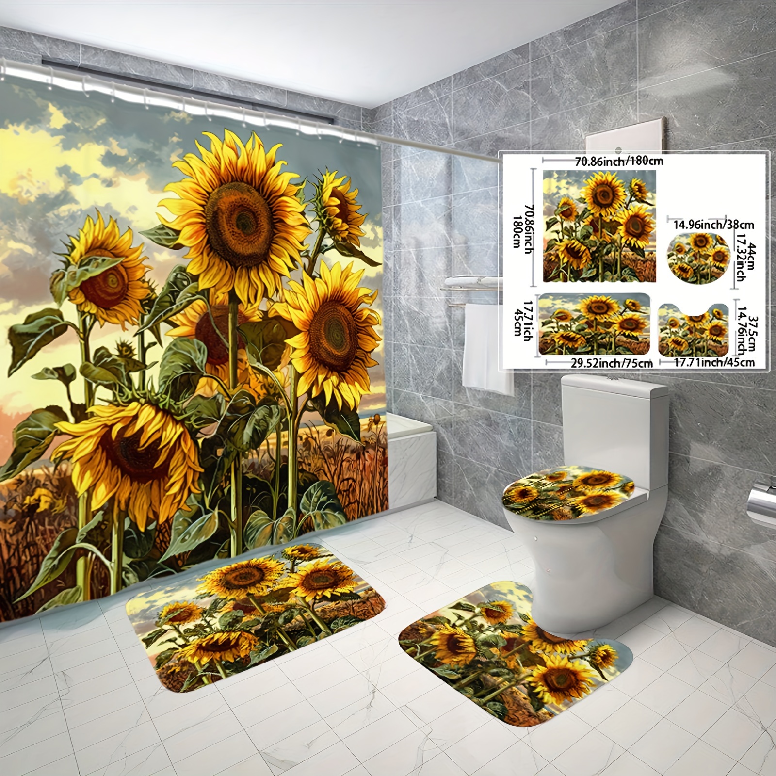 

Sunflower Watercolor Shower Curtain Set - 1/3/4 Pcs Including Non-slip Bath Mat & Toilet Lid Cover | Easy Care, Machine Washable Polyester | Perfect For All Seasons