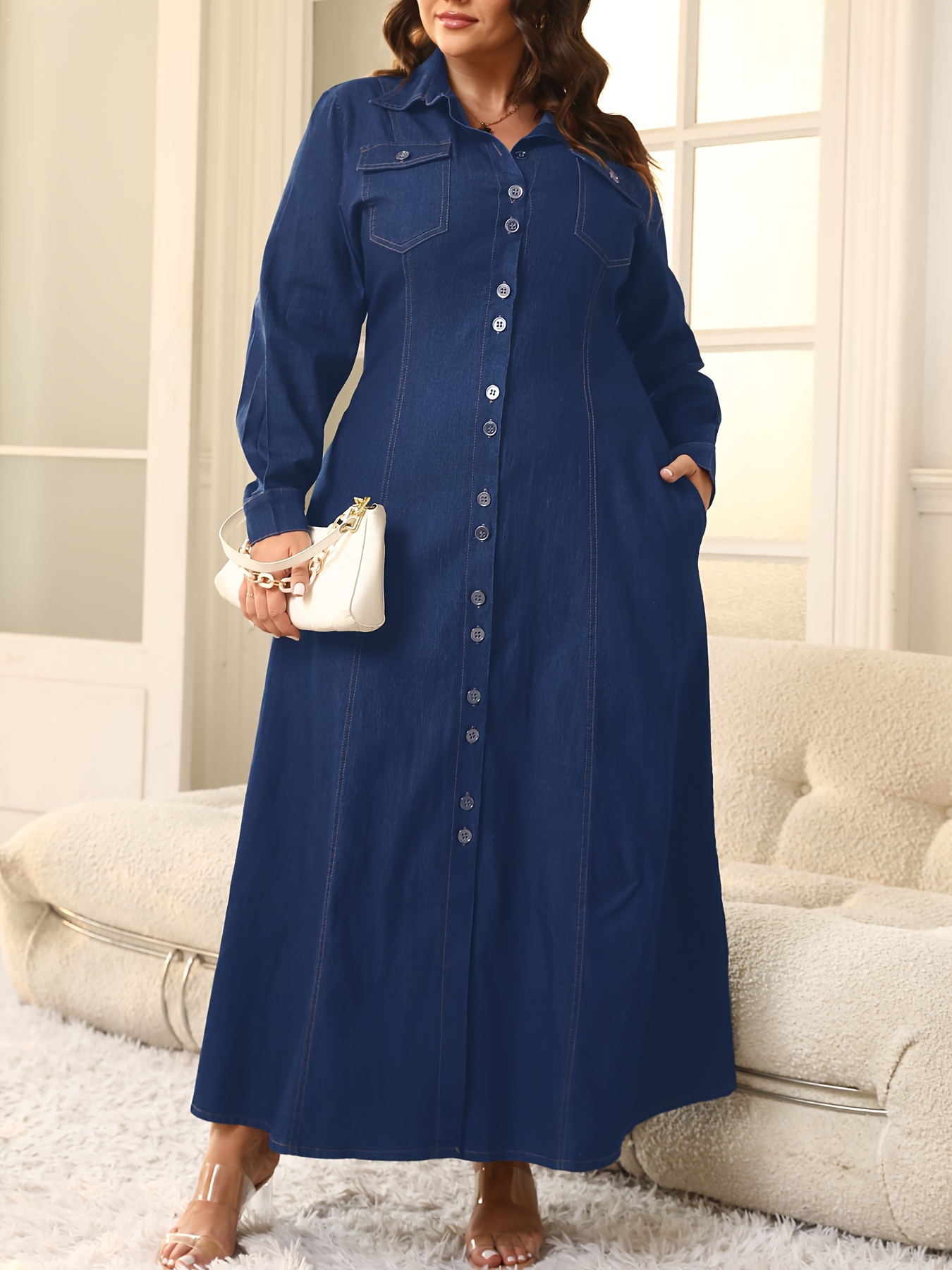 Women's Casual Denim Dress, Plus Size Plain Single-breasted Long Sleeve V  Neck Lapel Flap Pocket Maxi Denim Dress