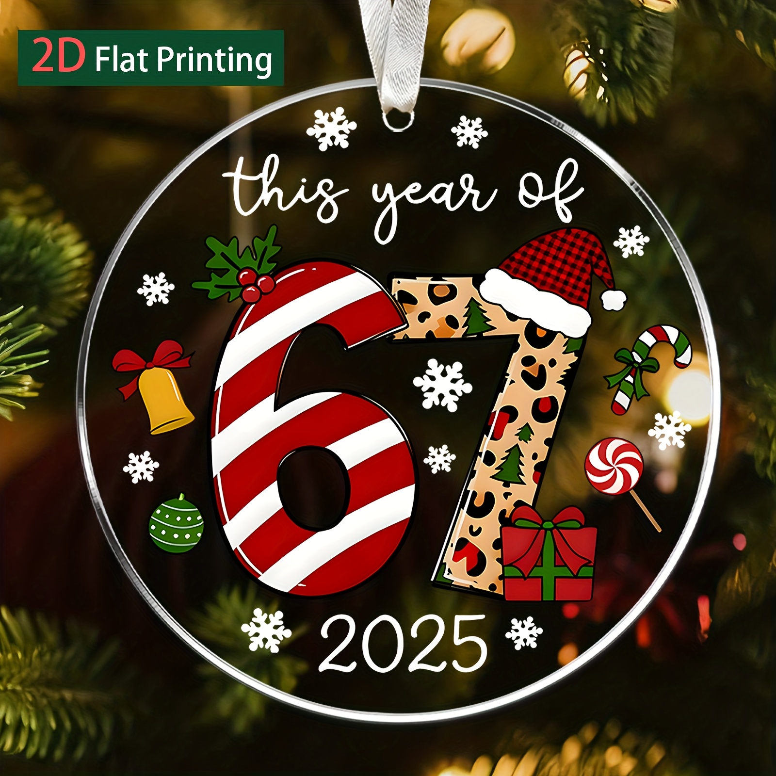TEMU 2d Flat, 1pc Number 67 Christmas Tree Acrylic Hanging Ornament - Number 67 Year Decoration For 2025 Holiday Party, Wedding, Party Decor - /color