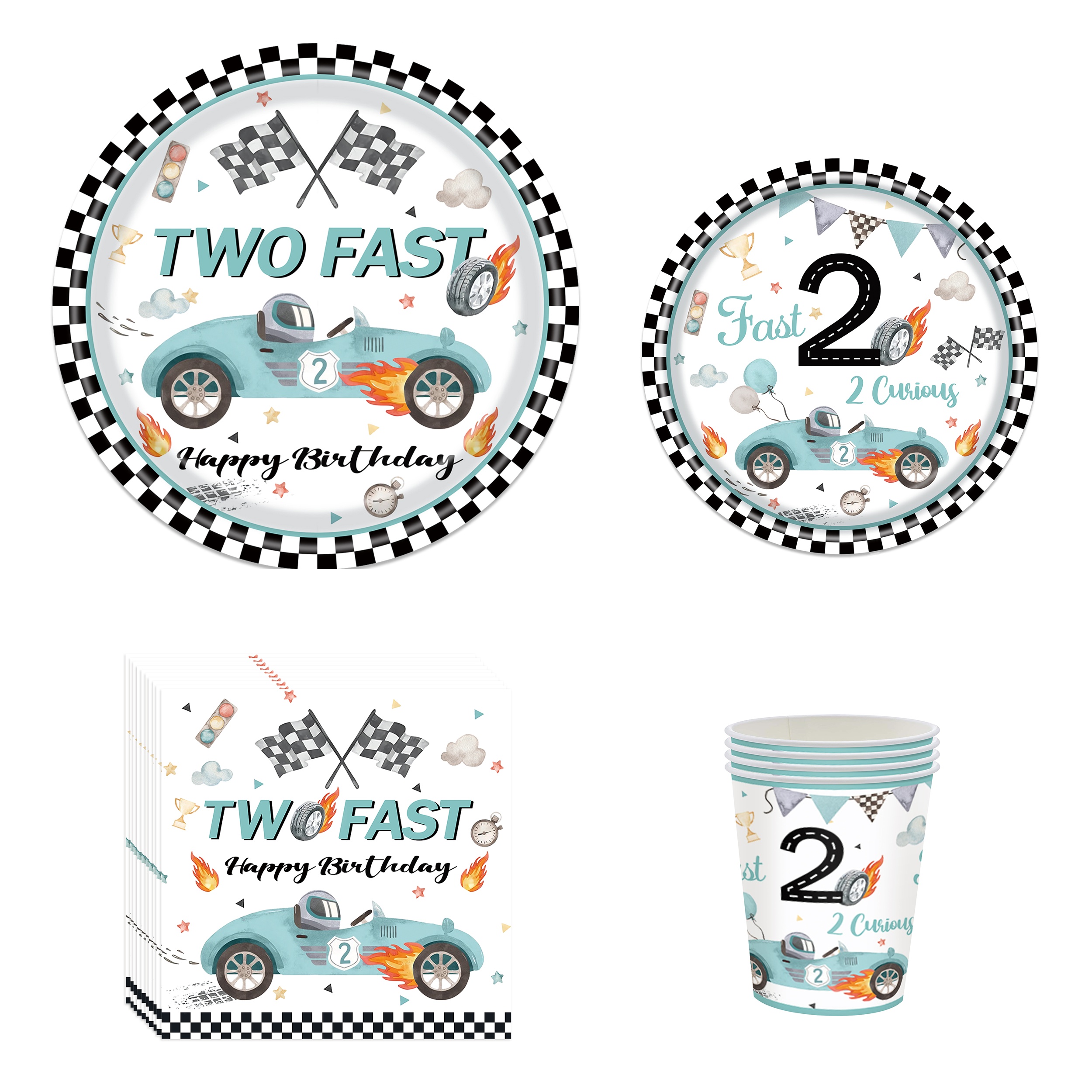 

2 Party Supplies: 68 Pieces Set - Dusty Blue And Black Race Car Theme Party Tableware, Paper Plates, Cups, And Napkins For 14+ Age Group