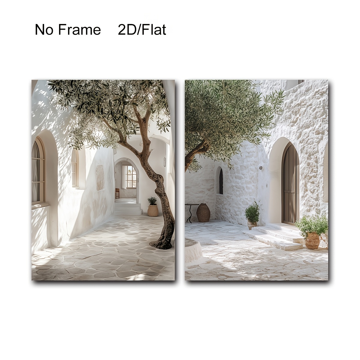 TEMU 2d Flat, 2d/flat Mediterranean Olive Tree Of 2, Mediterranean Courtyard Landscape, Greek Island Wall Art, Rustic Gallery Wall Poster, , Tree And