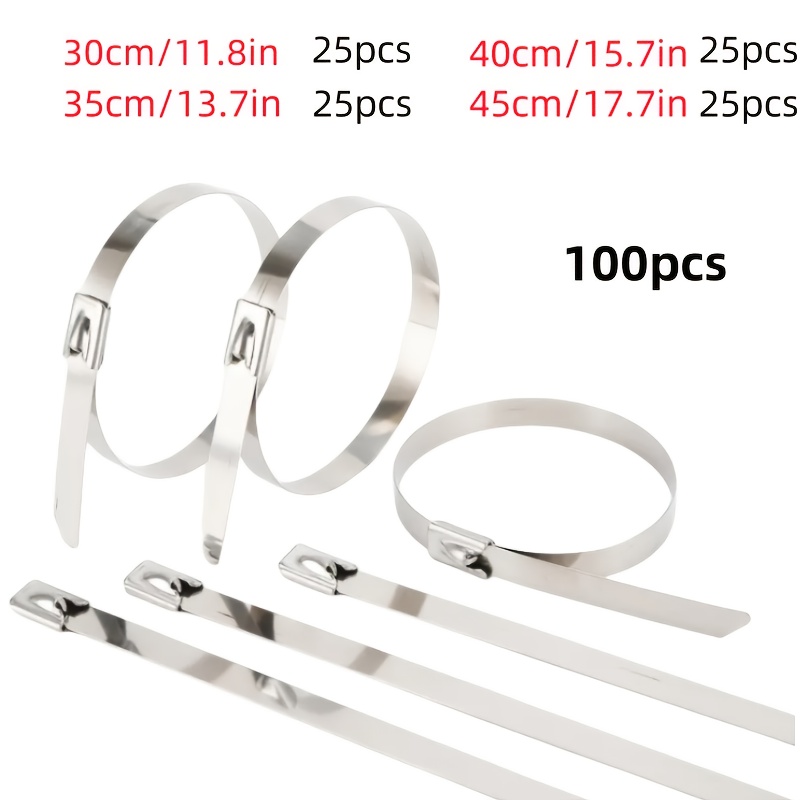 TEMU 100pcs 11/13/15/17in Mixed Assembly Heavy Duty Large Size Stainless Steel Tie Straps, Wire And Cable Ties Made Of Stainless Steel, Self-locking