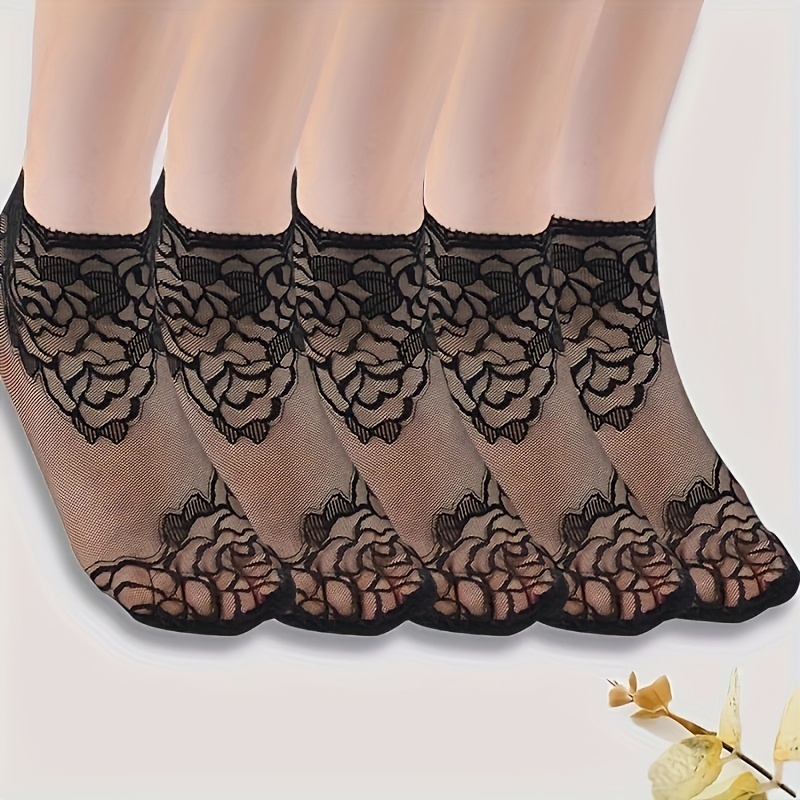 

5 Pairs Rose Lace Mesh Socks, Soft & Breathable Ankle Socks, Women's Stockings & Hosiery