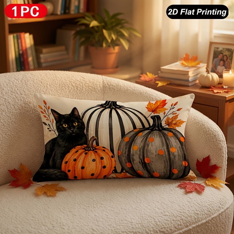 TEMU Housse de coussin lombaire décorative 1 pièce, style rétro de ferme d'automne - et citrouille, convient pour intérieur/extérieur, fermeture à