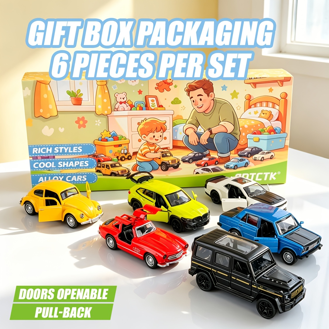 Diecast Alloy Car , 6pcs Different Styles, Pull Back Toy Cars With Openable Doors, Mini Vehicle Playset, Collectible Display, Gift For Kids Boys