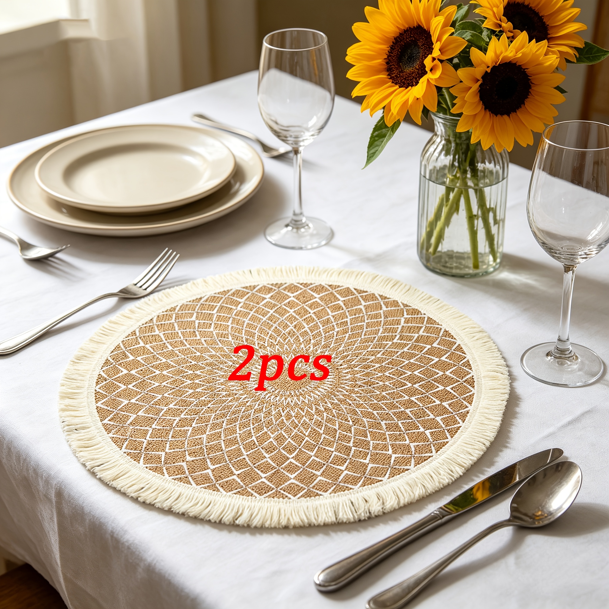 TEMU 2pcs Round Jute Placemats With Tassels - Boho Woven Table Mats, Heat-resistant Farmhouse Mats For Dining/kitchen/wedding/party Woven