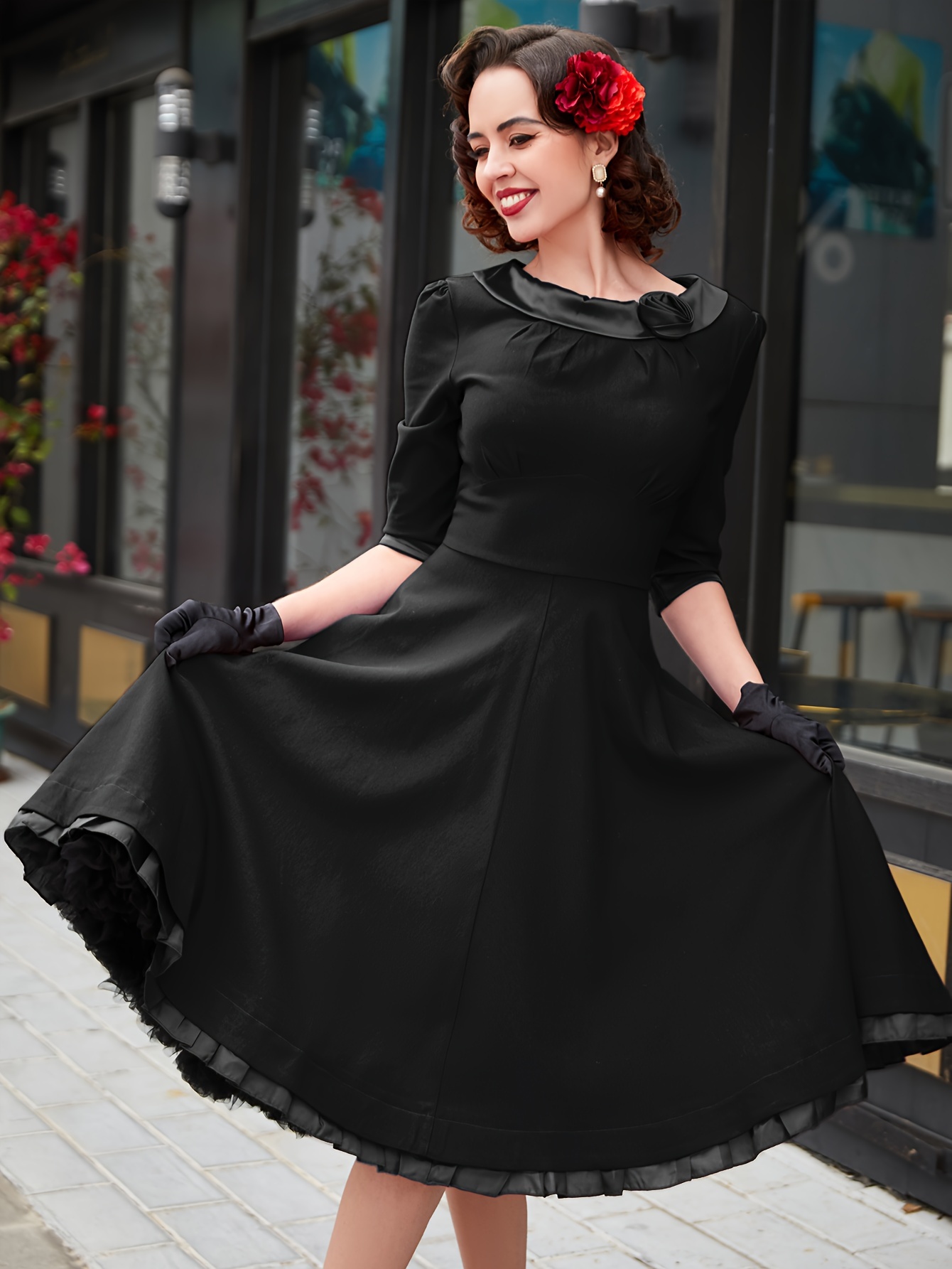 1950s vintage a-line dress - 3/4 sleeve round neck flared