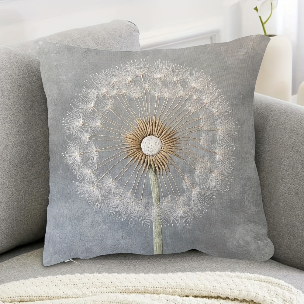 

1pc Vintage-inspired Dandelion Pillow Cover, 18x18 Inch, Soft Short Plush, Pastel Gray With Detail - Ideal For Living Room & Bedroom Decor (hand Wash Only, No Insert)