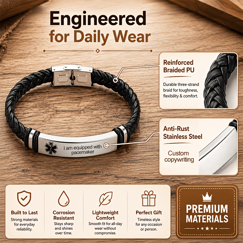 TEMU Personalized Medical Id Bracelet Designed Specifically For Men, Featuring Customizable Engraving, Woven Leather Material, Wristband, 304