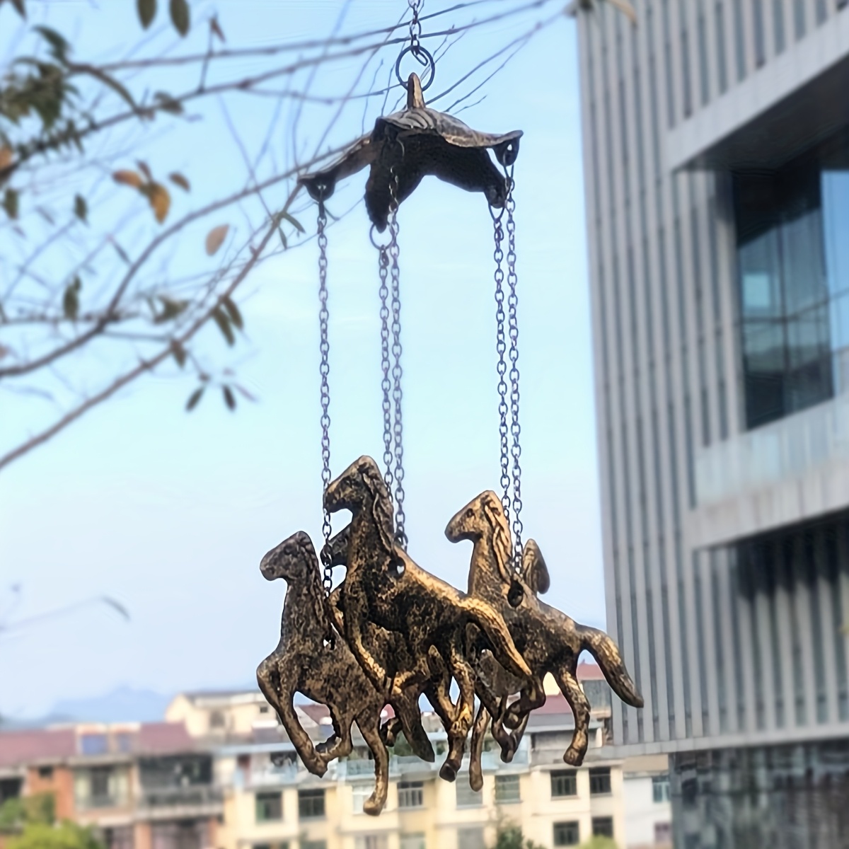 Image of -horse Wind Chime Cast Iron Pendant, Vintage Outdoor Hanging Ornament For Garden, Balcony, And Doorway Decoration