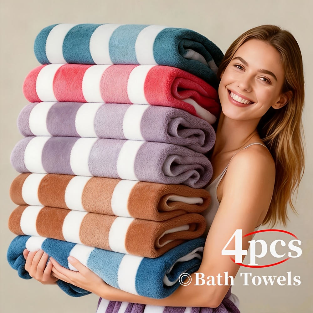 1 4pcs bath towel set   loss   absorbent and quick drying ultra soft microfiber beach towels for adults two color striped   bath towels   the beach spa gym and home bathroom essentials 27 x 55 inches