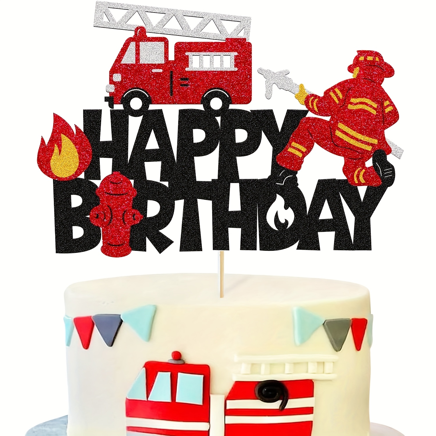 Image of 1pc Fireman Cake Topper Fire Hydrant Truck Firefighter Helmet Themed For Baby Shower Happy Birthday Party Cake Decoration