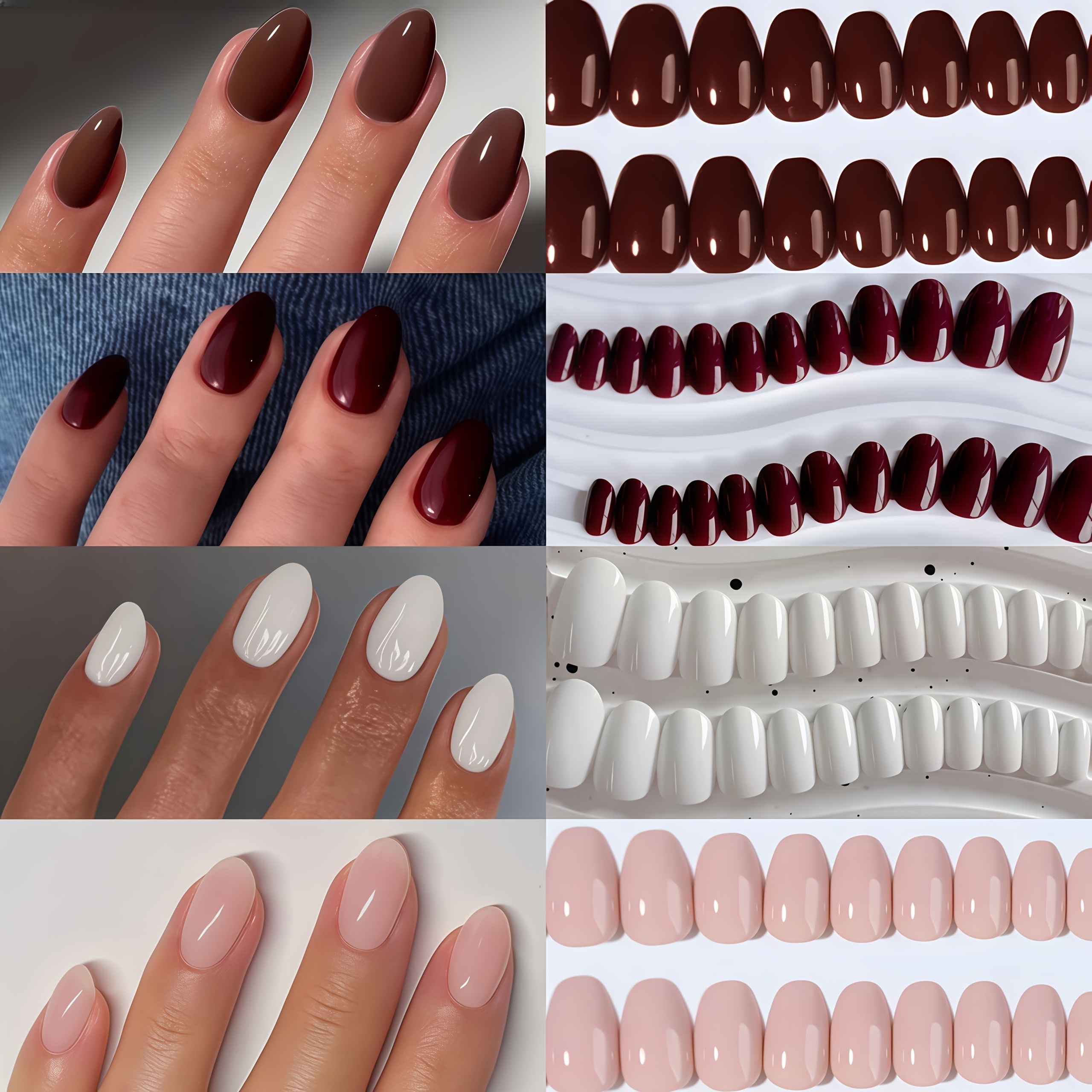 TEMU 96pcs Premium Fashion 4-color (wine Red, Brown, White, Nude Pink) Oval Fake Nails, Wearable Nails With Beautiful Color, Elegant Nail Patches