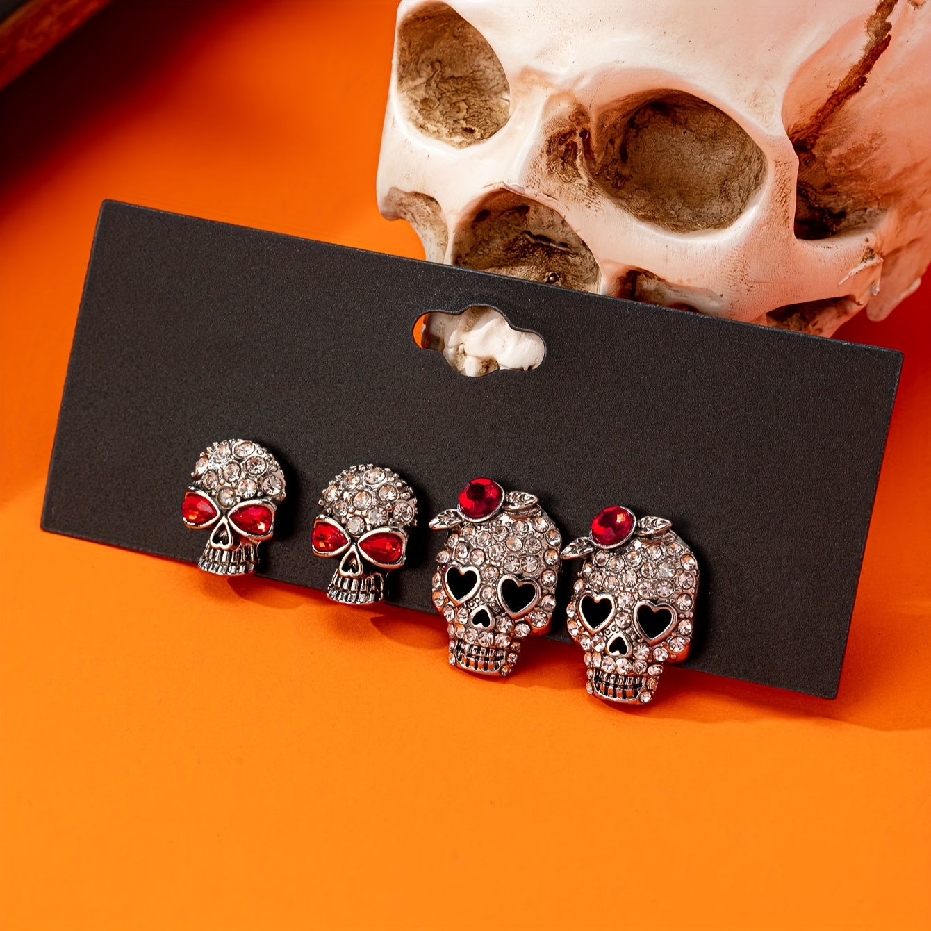 Of Stylish Dark Gothic Party Sparkling Skull Stud Earrings For Halloween And , Versatile For Couples' Daily Wear, No Card Included
