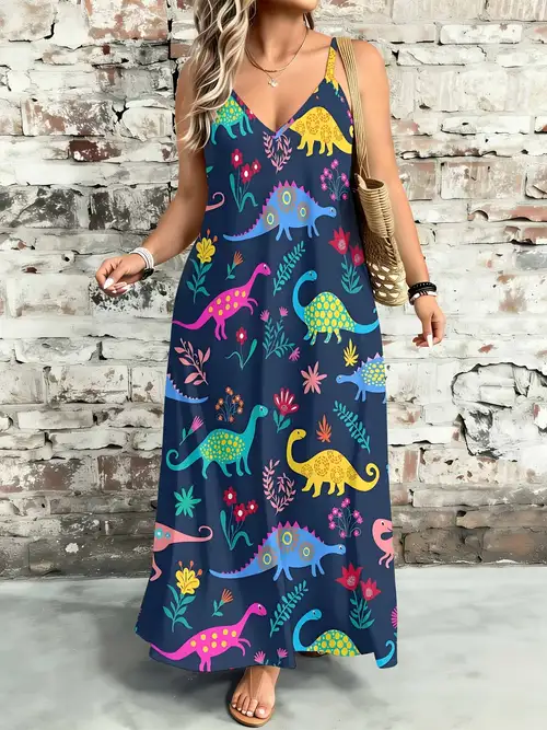 Casual Boho Style V Neck Sleeveless Maxi Dress With Colorful Dinosaur And Floral Print Summer Beach Vacation Wear For Women Gift Idea For Her * Lovers Casual Boho Style V Neck Sleeveless Maxi Dress With Colorful Dinosaur And Floral Print Summer Beach Vacation Wear For Women Gift Idea For Her * Lovers