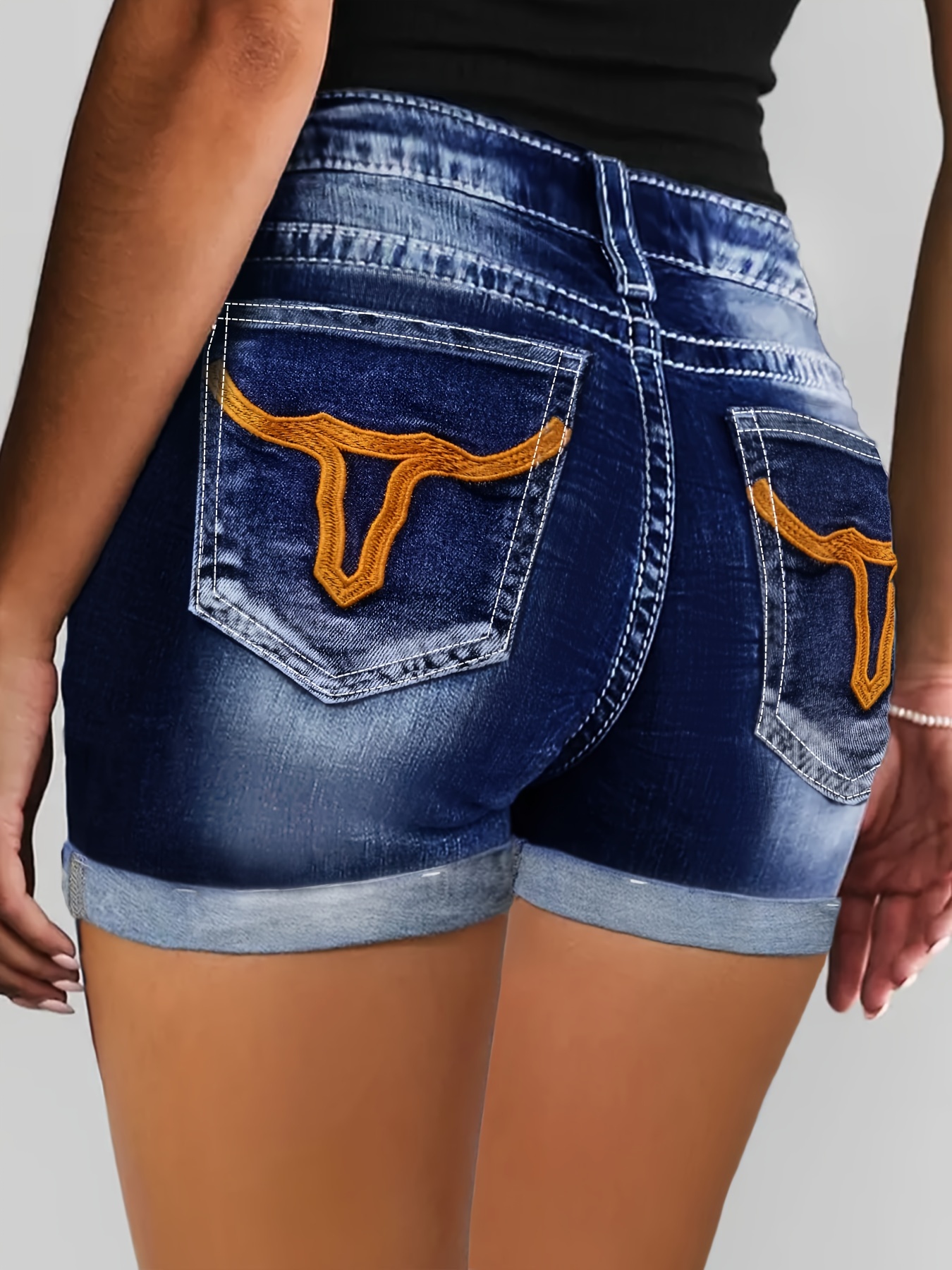 Women's High-Waisted Skinny Denim Shorts Solid Color Washed Jean Shorts  with Embroidered Back Pocket Detail, Button Fly Closure