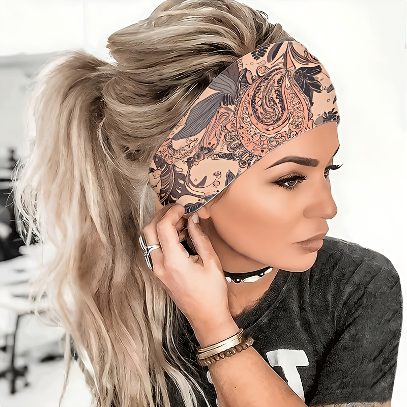 TEMU 2D FLACH Stirnband im Vintage-Paisley-Muster, für Yoga / Fitnessstudio / Laufen / Radfahren, Reisen / Ausflug / Strand, breiter Rand / modisches