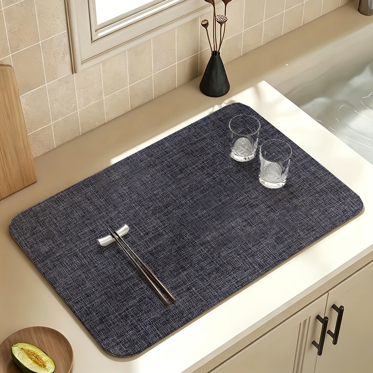 TEMU 1 , Manteleta absorbente de estilo minimalista, , Caqui, Negro , Múltiples estilos, Adecuada para tapetes de secado para fregadero de
