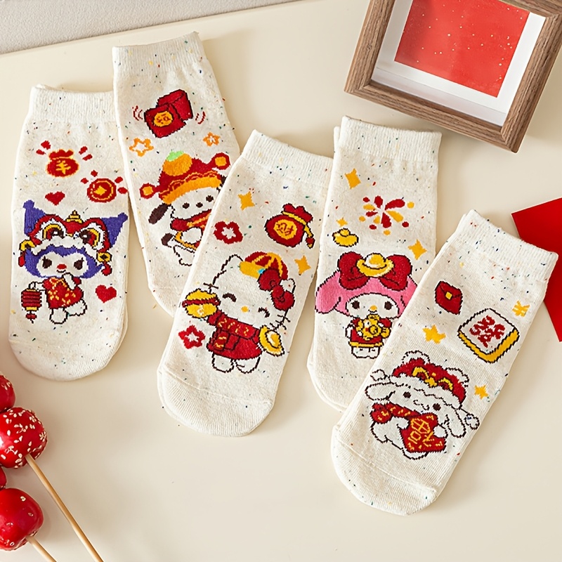 

Sanrio 5 Pairs Sanrio Hello Kitty Wide Rice Melody Mid-calf Socks Idea Yarn New Year Cute Cartoon Daily Commuting Comfortable Valentine's Day Gift Youth Socks