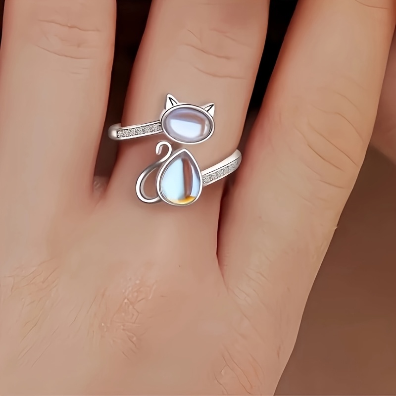 TEMU 1 Bague ajustable en de chat de dessin animé - Design à incrustation de verre, bijou en alliage argenté, pour la Saint-Valentin, Noël et la fête