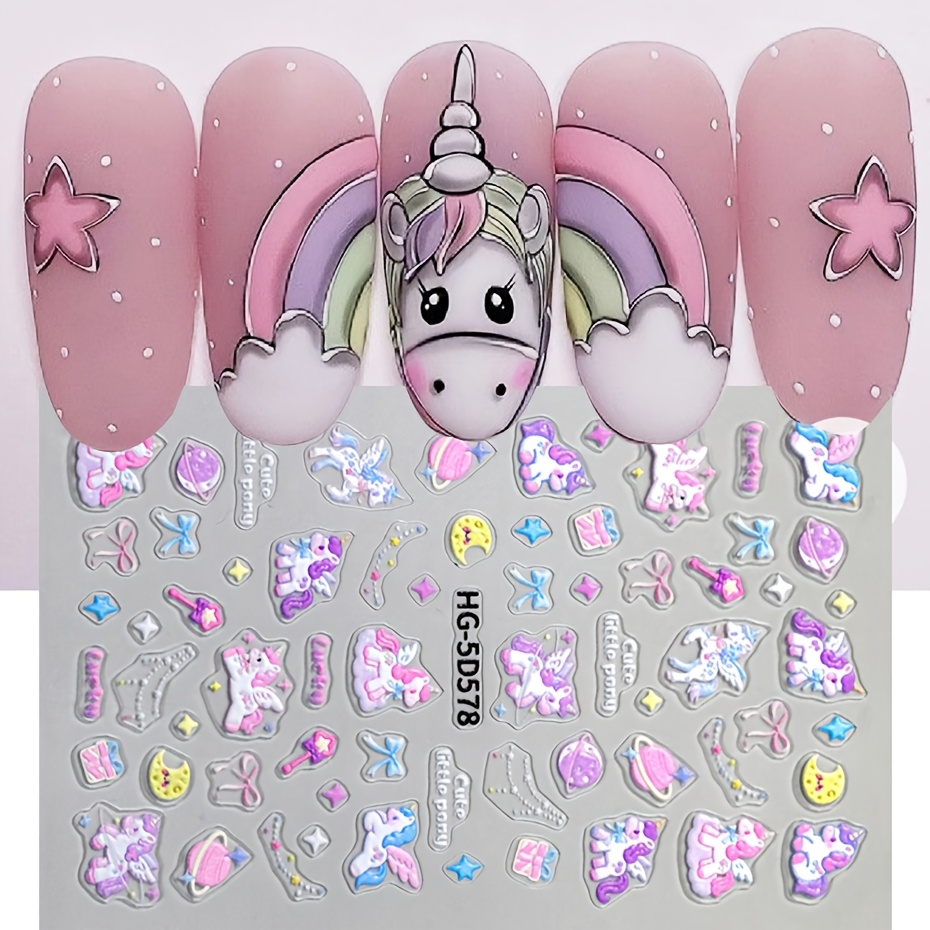 5d Purple Kawaii Unicorn Embossed Nail Stickers Cute Pink Moon Sweet Heart Fanatsy Decals 2026 Cartoon Art Decorations