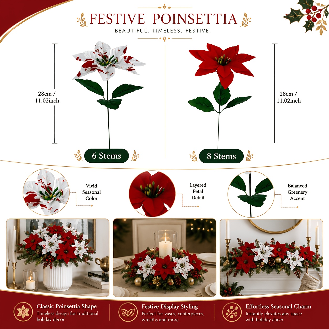TEMU 14pcs Red And White Poinsettia Artificial Flowers, Christmas Poinsettia Floral Arrangement, Christmas Decorative Flowers, Christmas Tree Floral