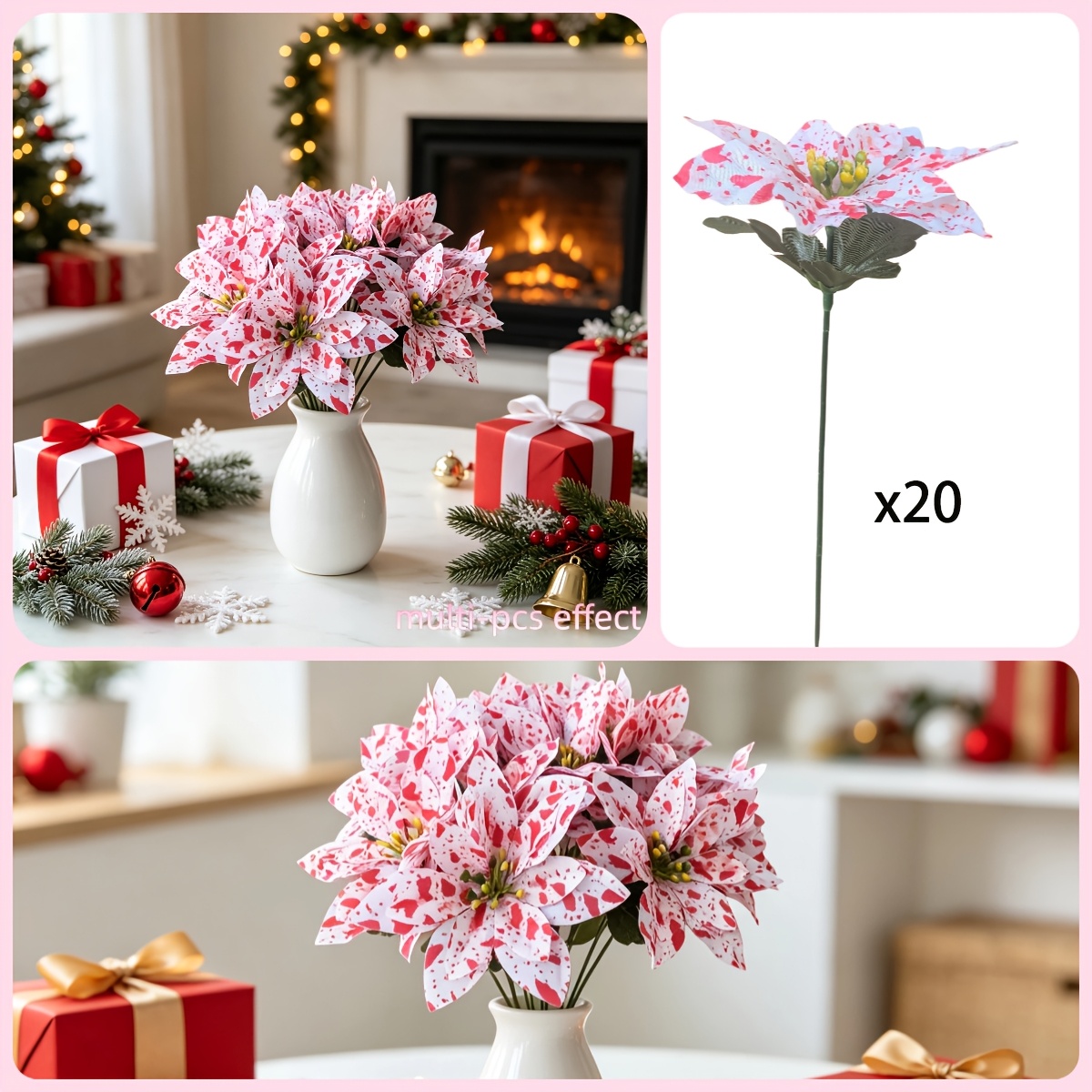 TEMU Lot de 20 bouquets de fleurs artificielles rouges et blanches avec faux feuillage - Réalistes, adaptés pour la décoration intérieure, la