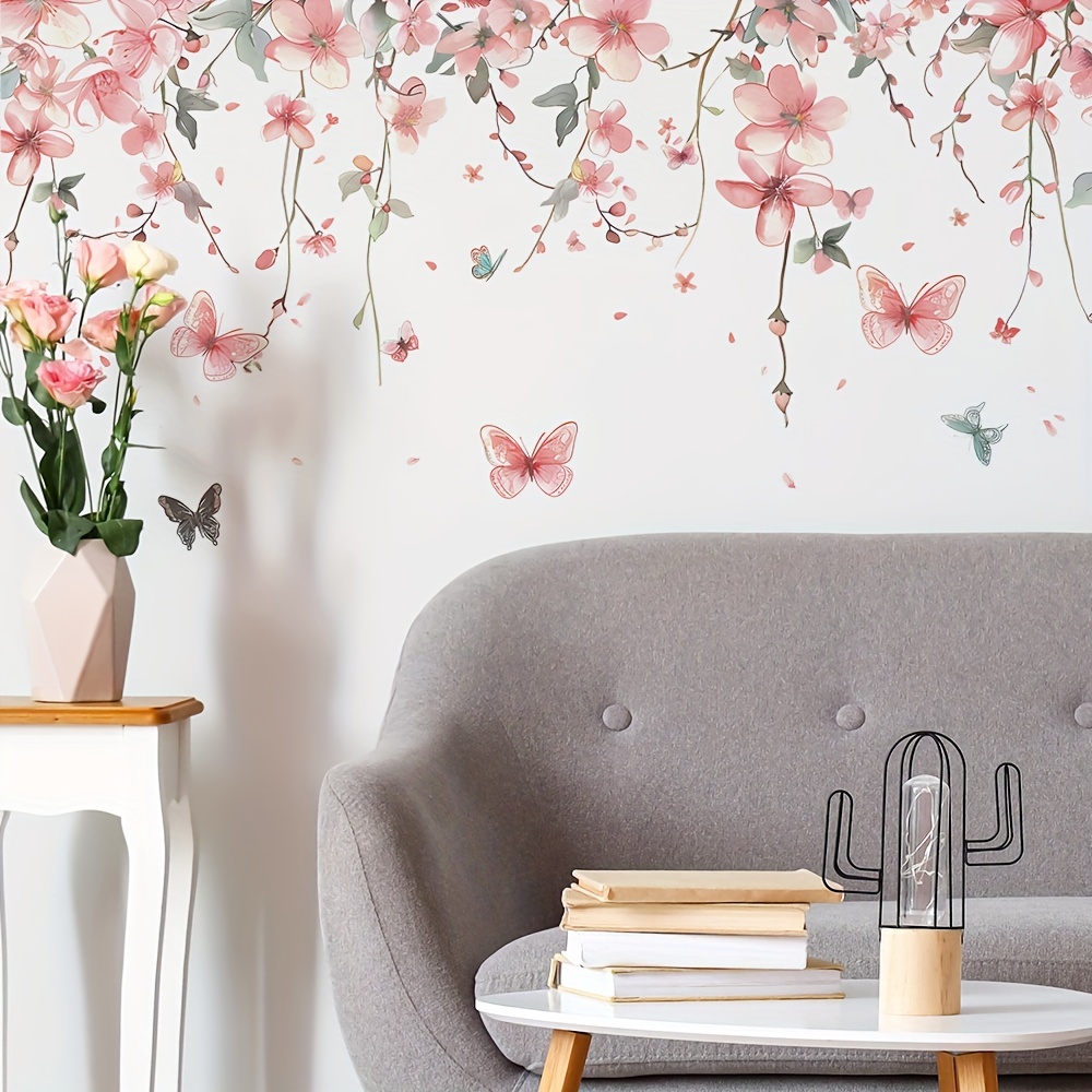 A Set (2pcs) Watercolor Pink Flower Entrance Hall Living Room Decoration Wall Sticker Self-adhesive
