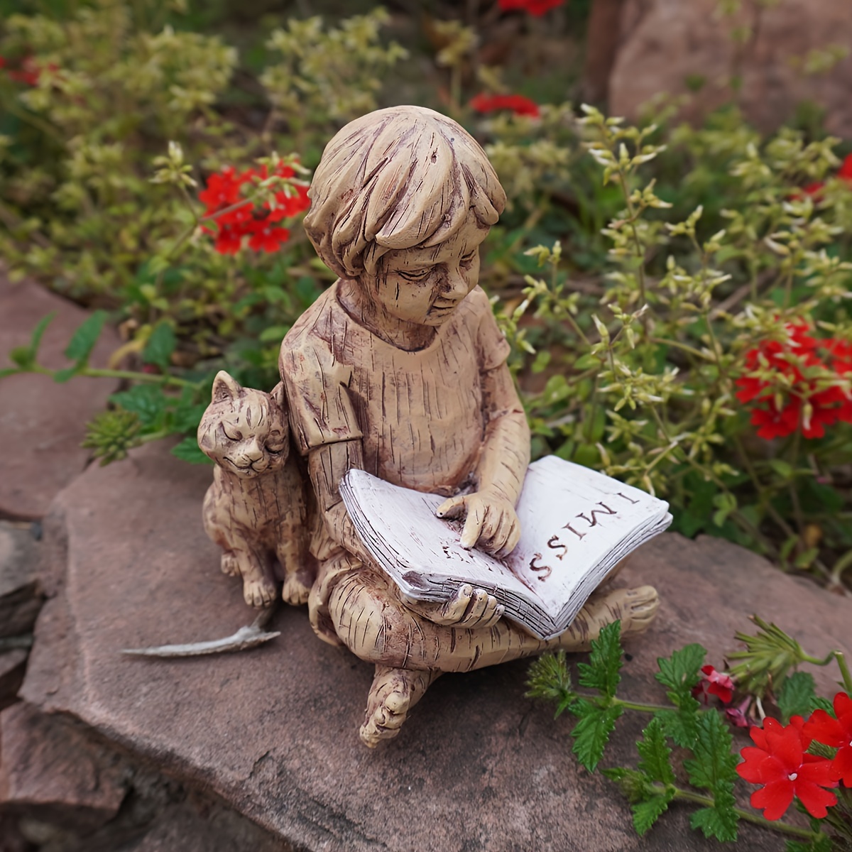 

Charming Reading Boy & Cat Statue - Resin Garden Ornament, Perfect For Outdoor Decor, Thanksgiving Theme