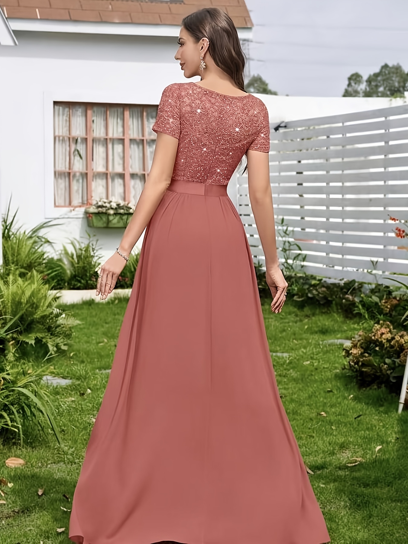 placid blue bridesmaid dresses BABARONI Chiffon Taupe Scoop Floor-length Flutter Sleeves with Slit A-line, Taupe / US0 FULL SEQUINED Color:#14-Light Coral line silhouette creates a Dressing Up | HOT