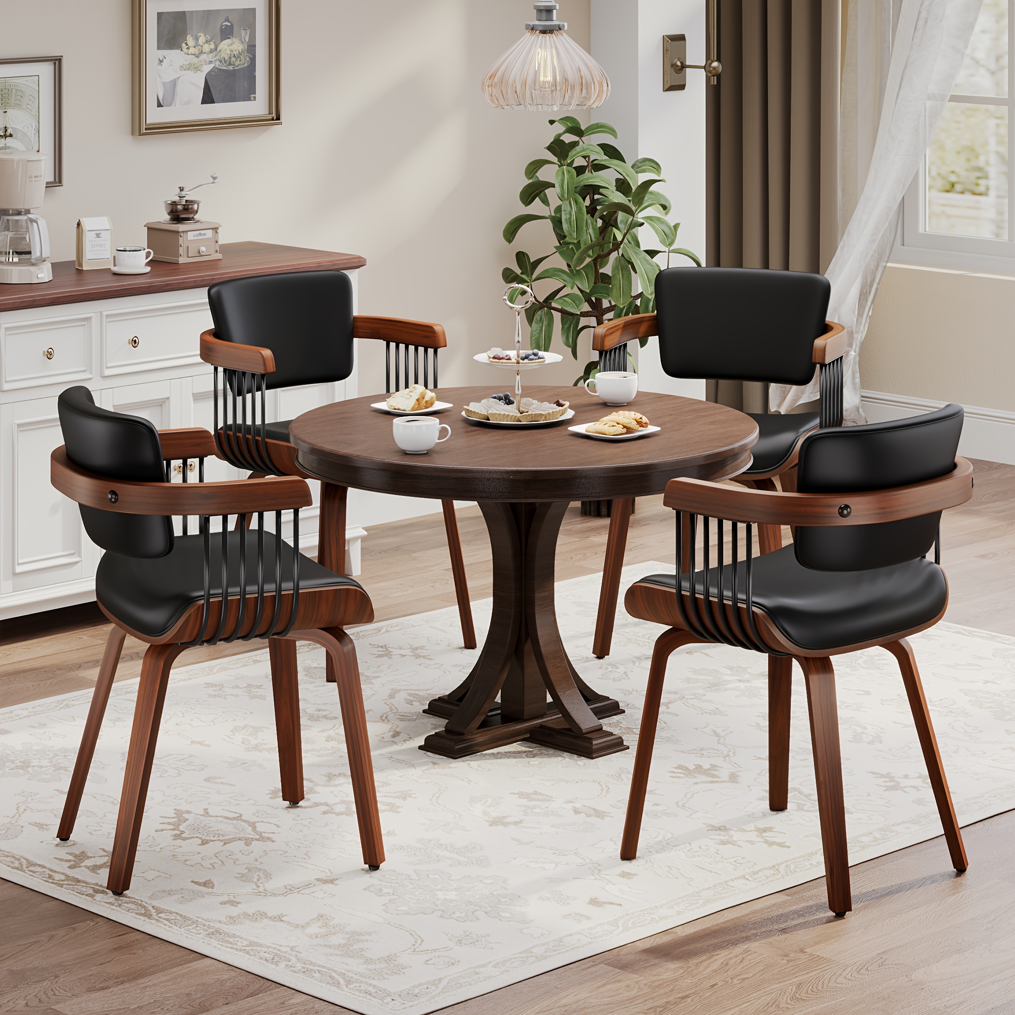 Two Ergonomic Wooden Dining Chairs, Curved Bentwood Backrest And Seat, High-Density Foam Cushion, Modern Semi-Armrest Kitchen Chair
