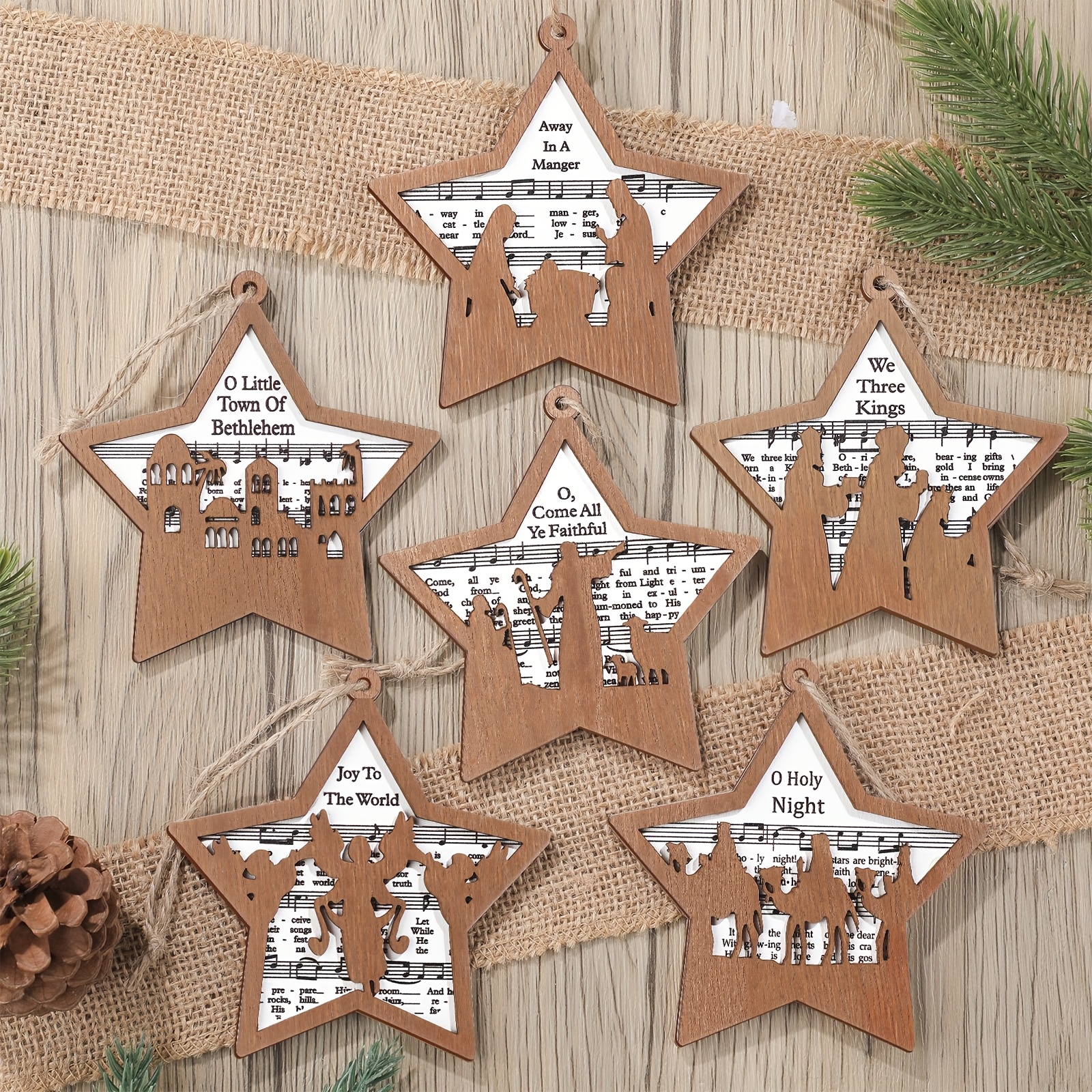 TEMU 24pcs Christmas Nativity Story Wooden Ornaments Set Bulk Christian Music Sheet Nativity Scene Hanging Tree Ornaments Gift For Family(fresh)