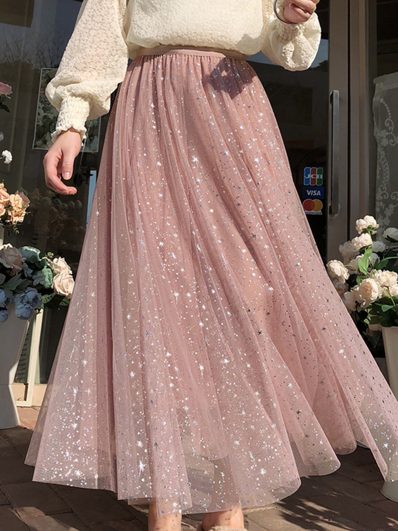 Women’s Starry Tutu Skirt Sequin Glitter Layered Tulle Maxi Skirt,  A-Line Party Skirt Dress, Light Blue with Sparkling Stars, Elastic Waist