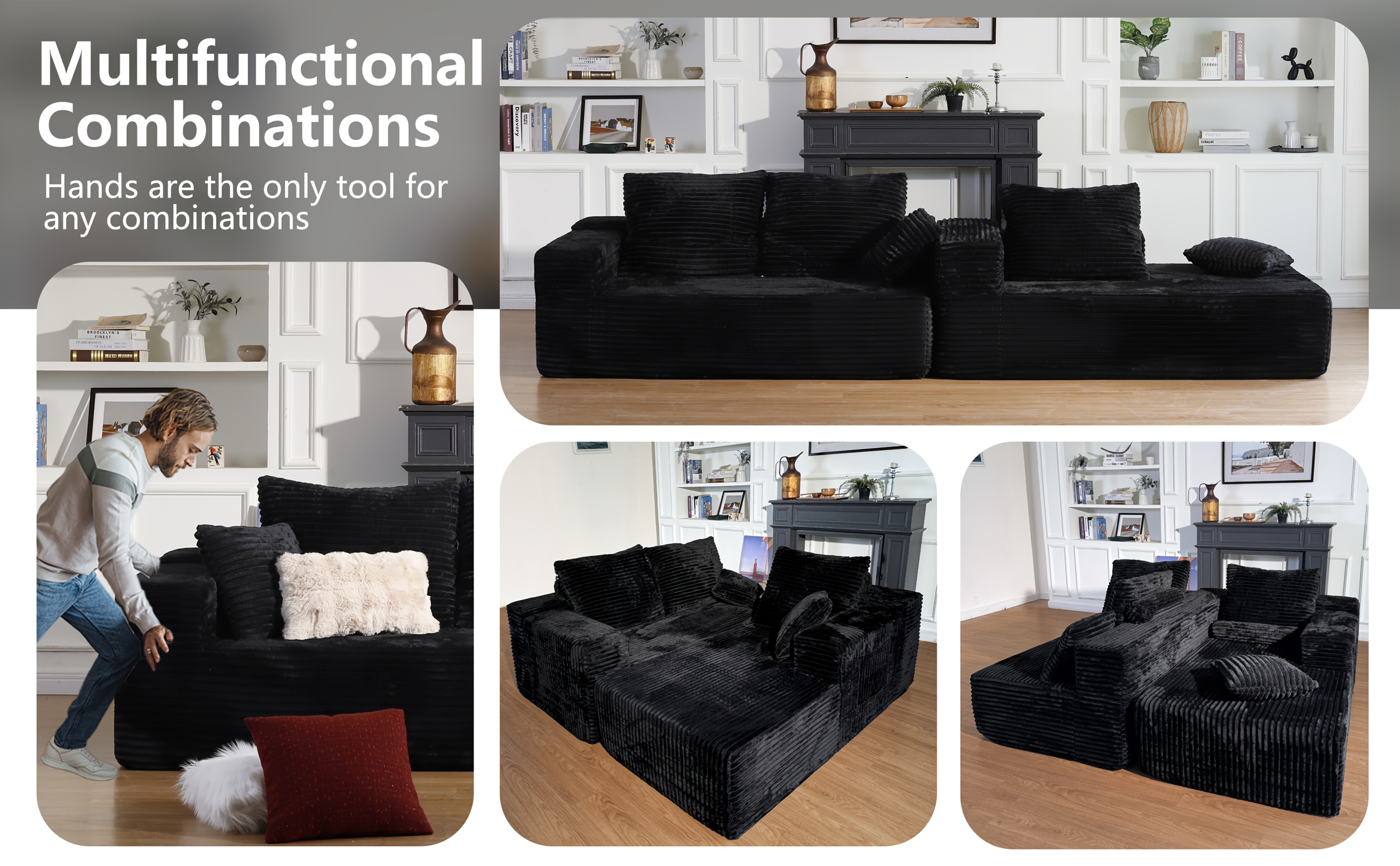106'' Modular L-Shape Sectional Couch, Chaise Lounge, Deep Seat, Modern Minimalist Upholstered Couches with Chaise, No Assembly Required, Corduroy Fabric